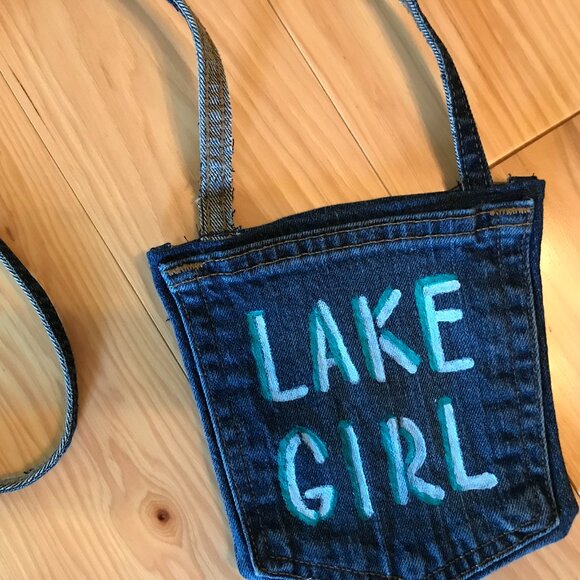 Handmade Crossbody Cell Phone Bag: Lake Girl Theme, Recycled Denim Jean Purse - Picture 4 of 9